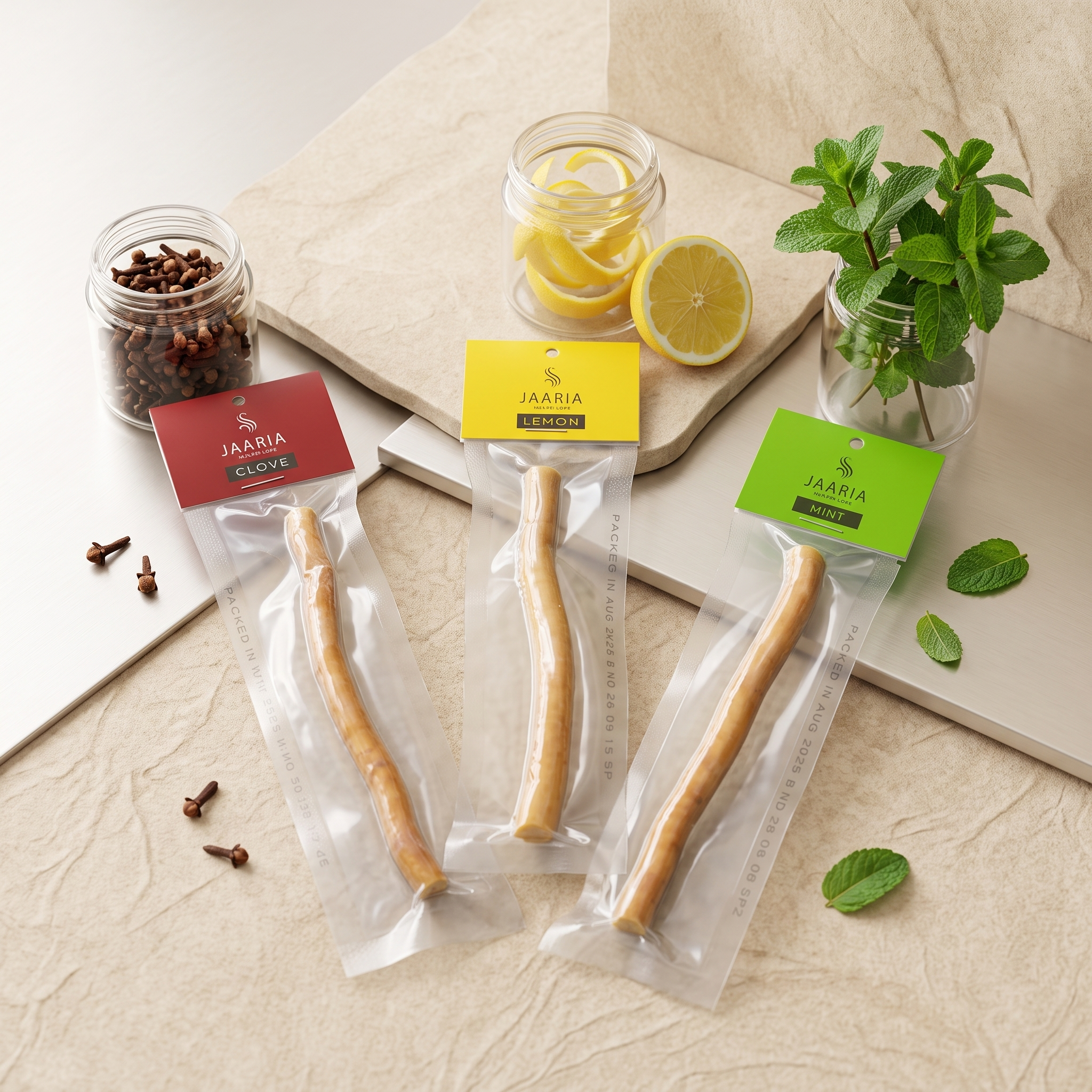 3-Piece Flavored Peelu Miswak Set – Lemon, Mint & Clove with Cutter & Holder