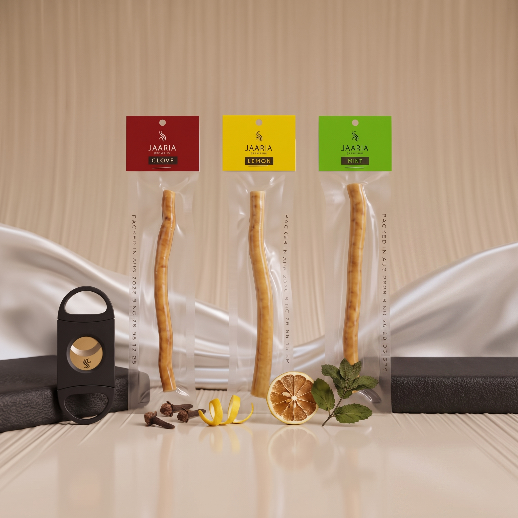 3-Piece Flavored Peelu Miswak Set – Lemon, Mint & Clove with Cutter & Holder