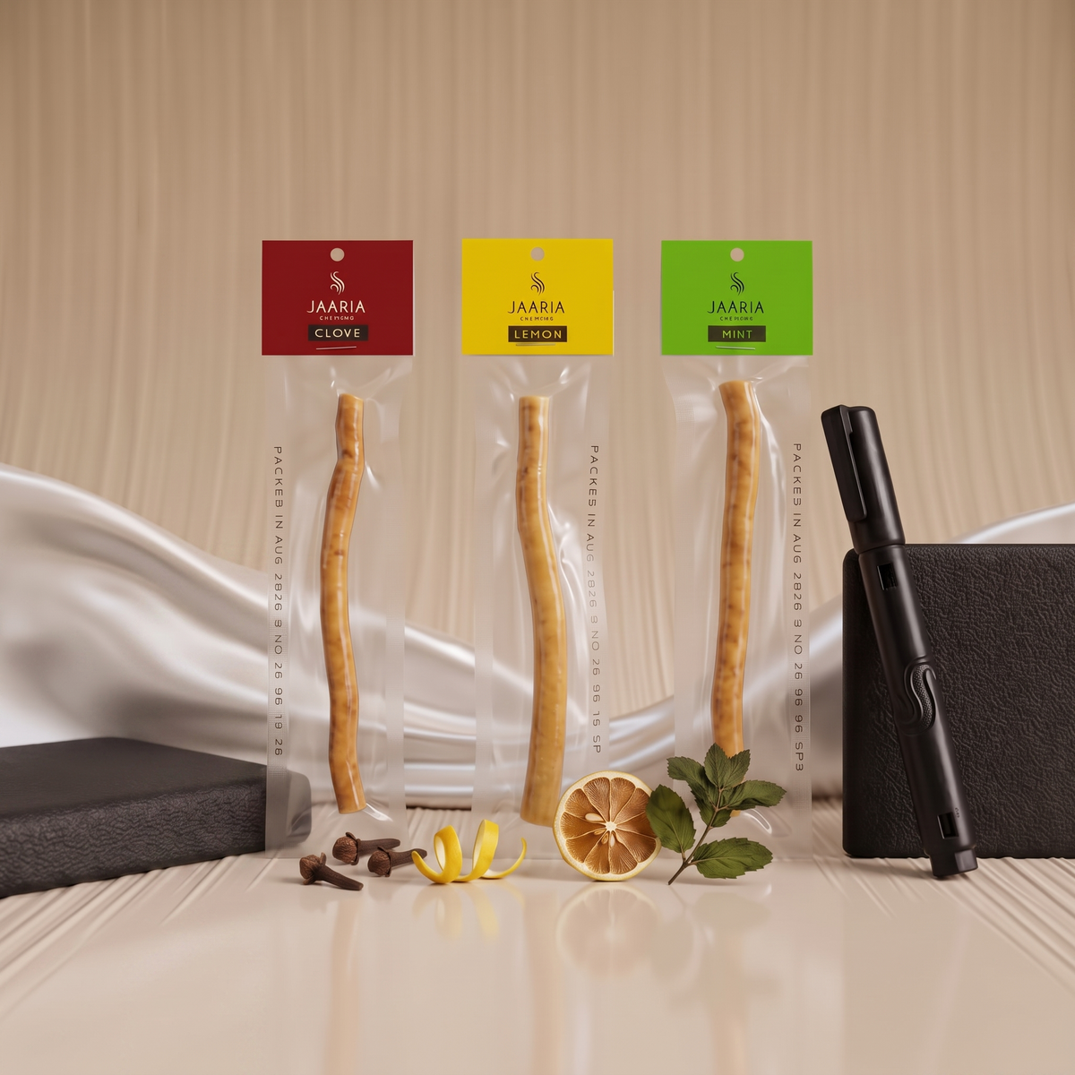 3-Piece Flavored Peelu Miswak Set – Lemon, Mint & Clove with Cutter & Holder